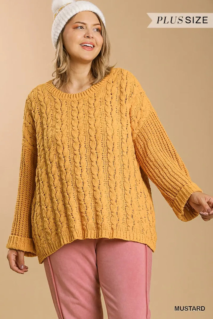 Plus Size Cuffed Long Sleeve Chenille Cable Knit Pullover Sweater