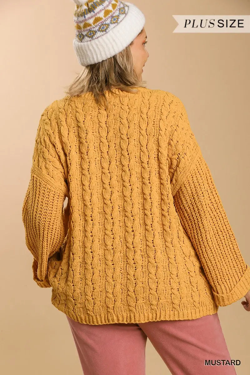 Plus Size Cuffed Long Sleeve Chenille Cable Knit Pullover Sweater