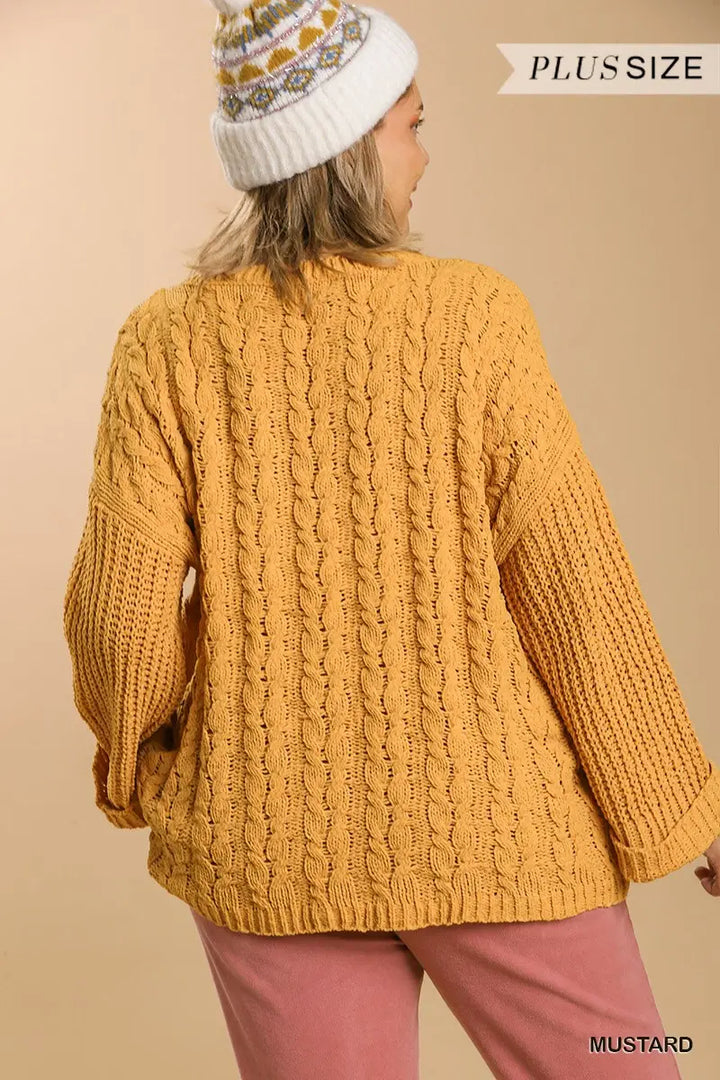 Plus Size Cuffed Long Sleeve Chenille Cable Knit Pullover Sweater