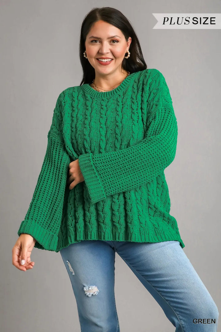 Plus Size Cuffed Long Sleeve Chenille Cable Knit Pullover Sweater