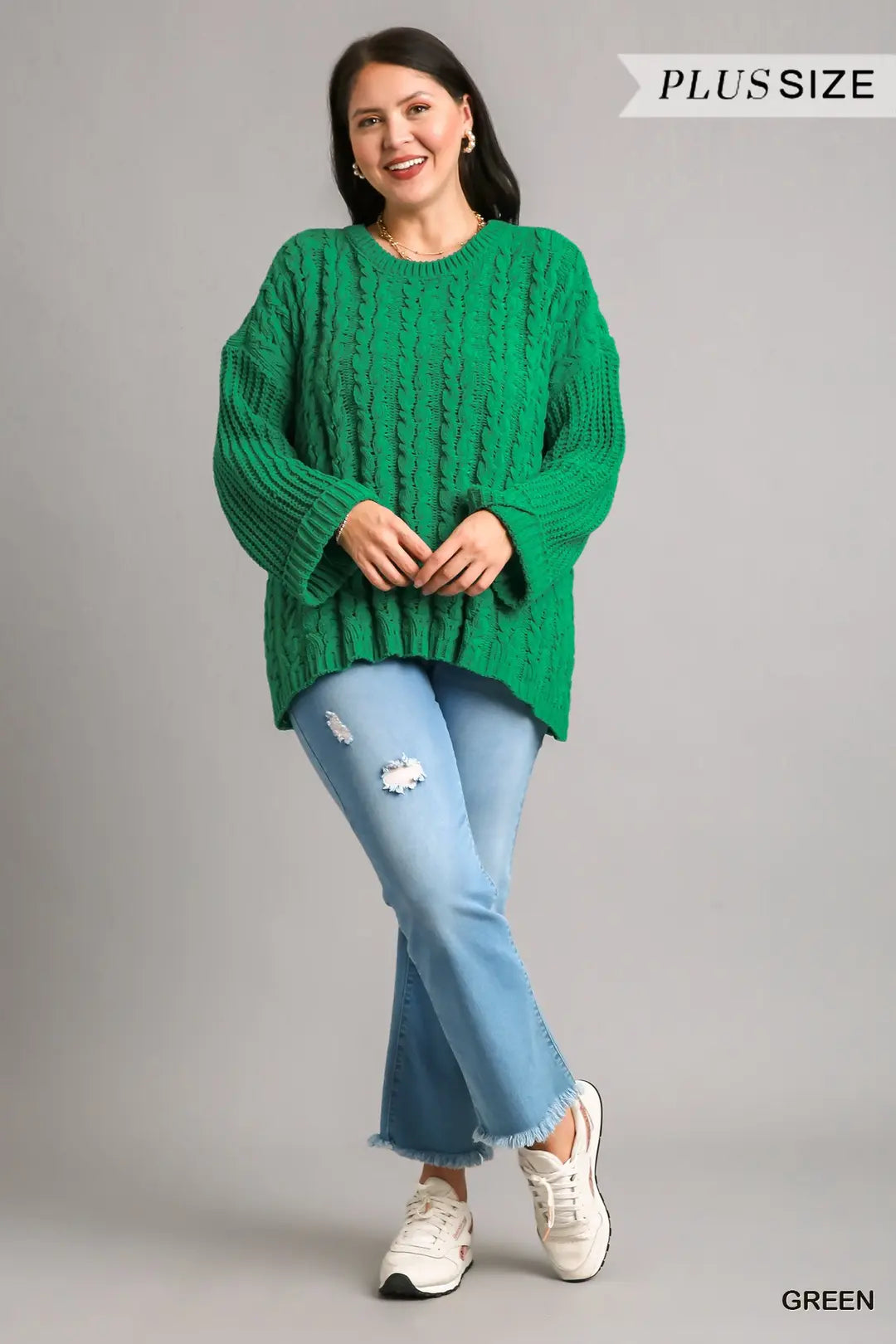 Plus Size Cuffed Long Sleeve Chenille Cable Knit Pullover Sweater