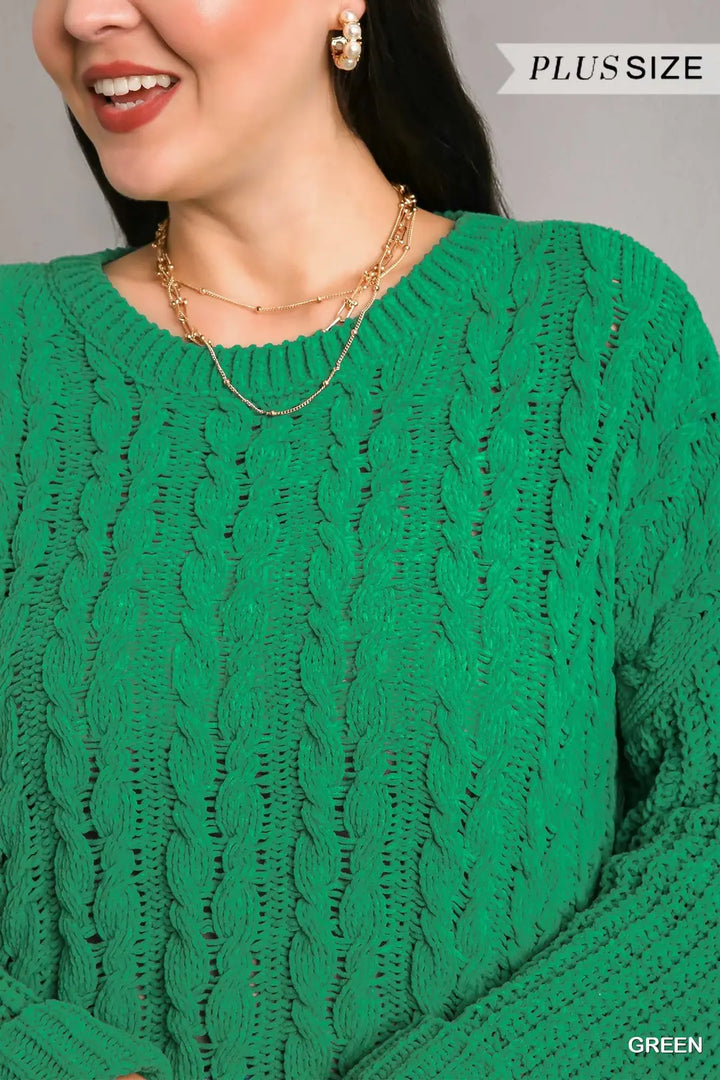 Plus Size Cuffed Long Sleeve Chenille Cable Knit Pullover Sweater