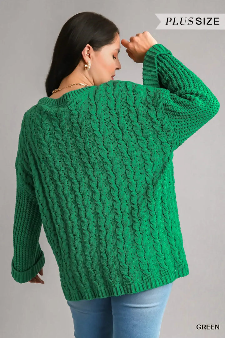 Plus Size Cuffed Long Sleeve Chenille Cable Knit Pullover Sweater