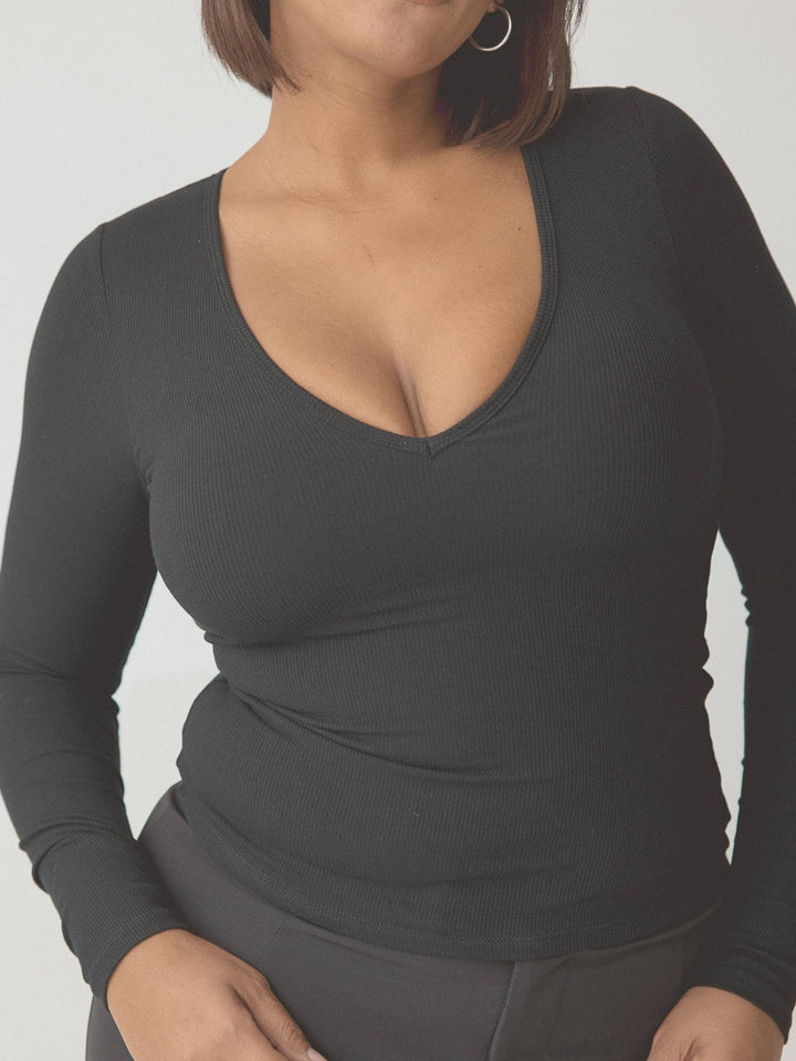 Klassy - Braless Ribbed Deep V Long Sleeve: Black / 2XL