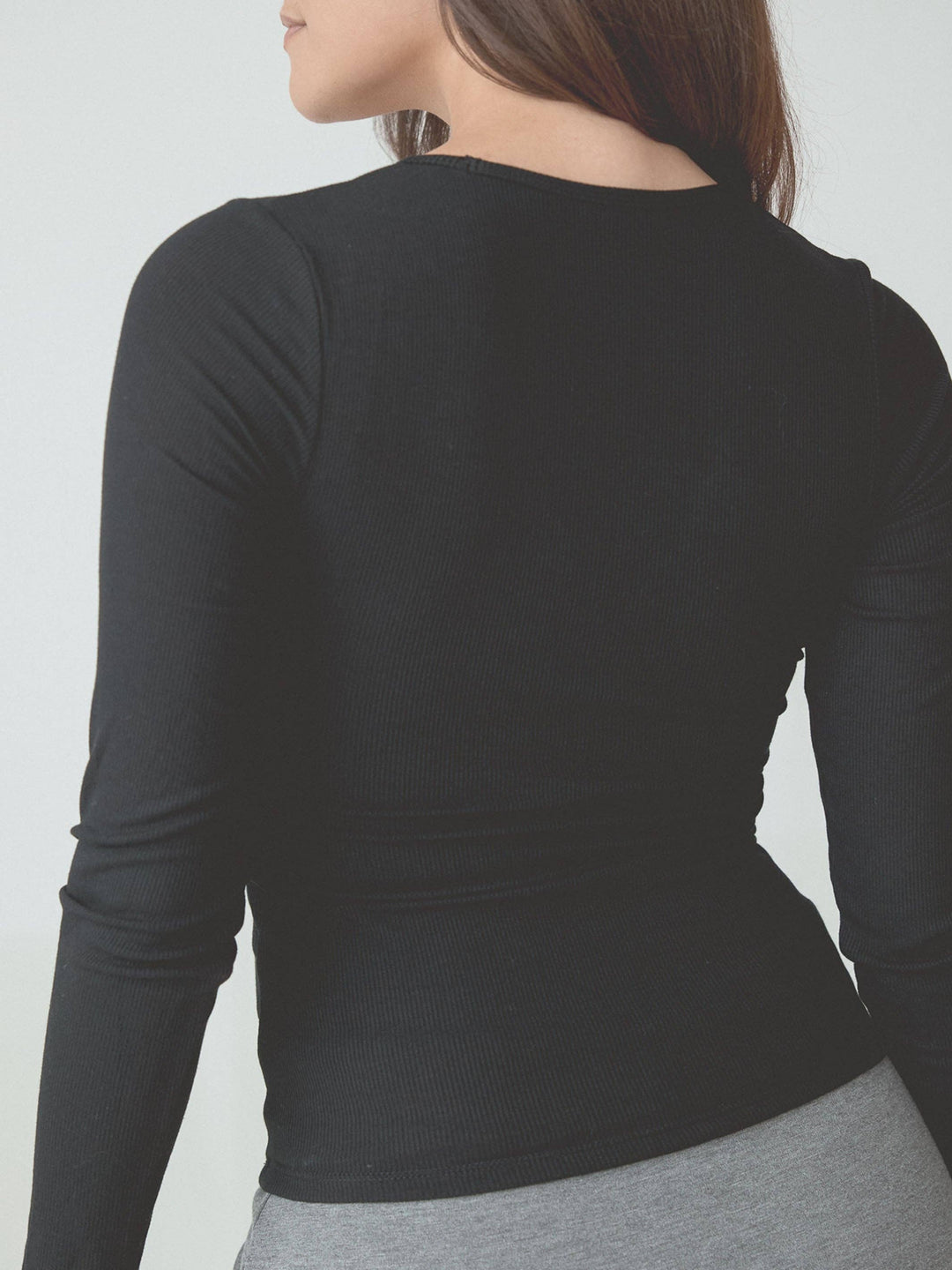 Klassy - Braless Ribbed Deep V Long Sleeve: Black / 2XL