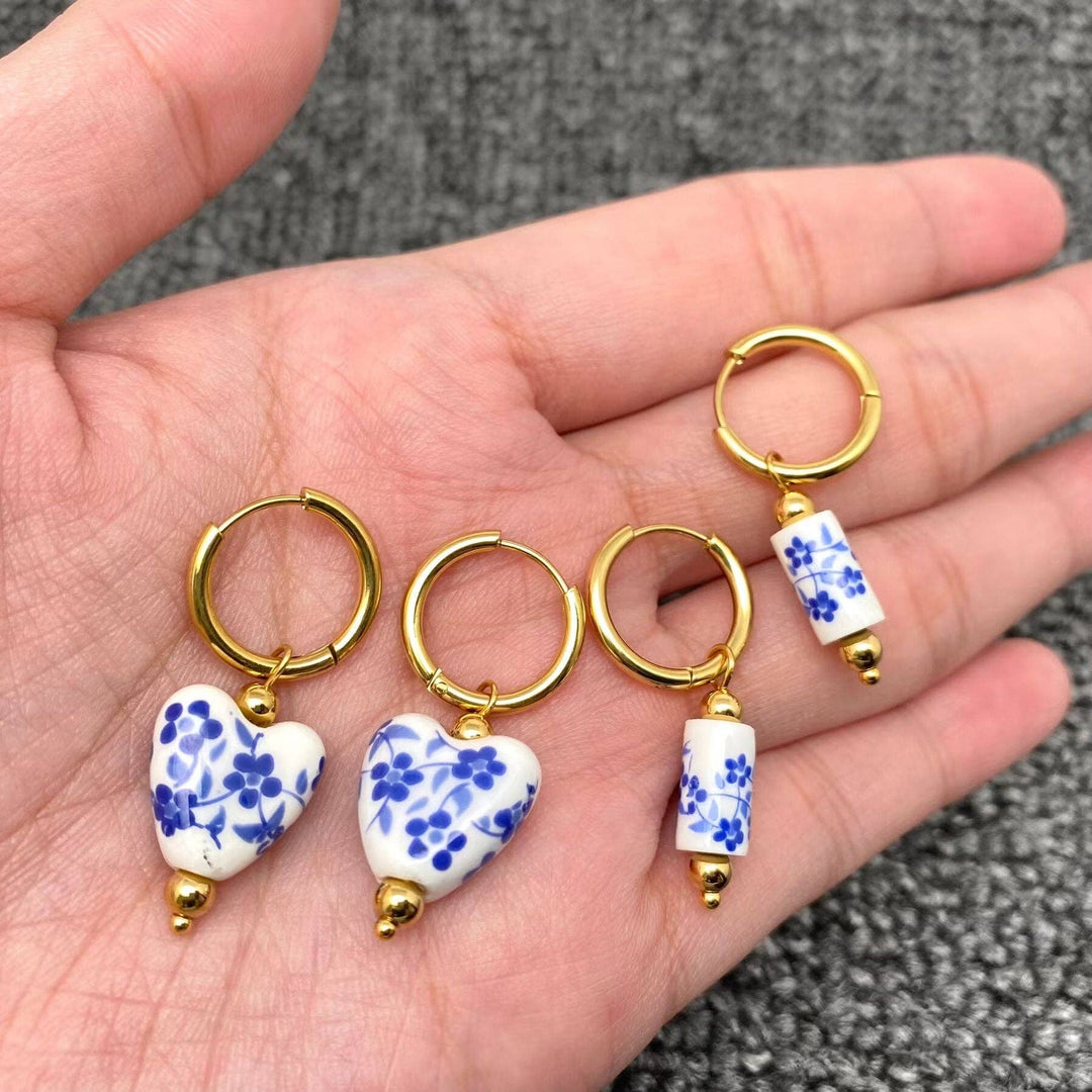 Mio Queena - Blue and White Porcelain 18K Golden SS Huugie Earrings - FGS: A