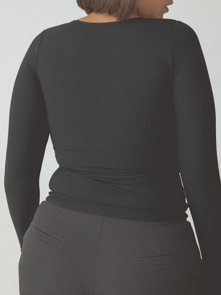 Klassy - Braless Ribbed Deep V Long Sleeve: Brown / 2XL