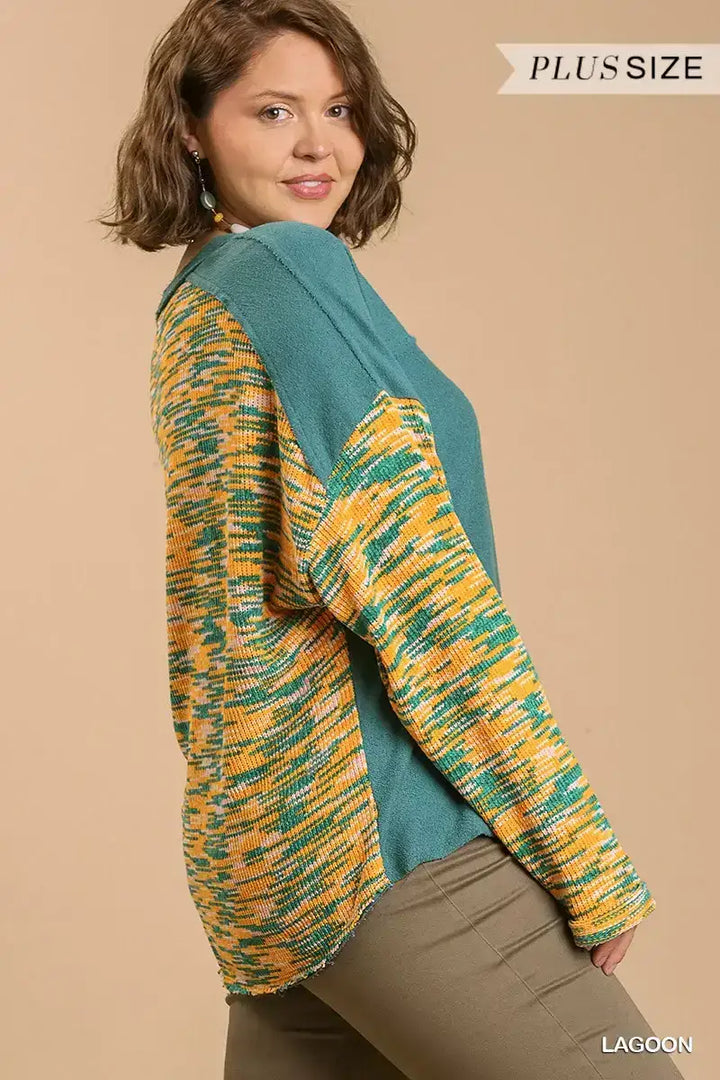 Plus Size French Terry and Multicolored Cut & Sew Fabric Pullover Sweater with Raw Hem