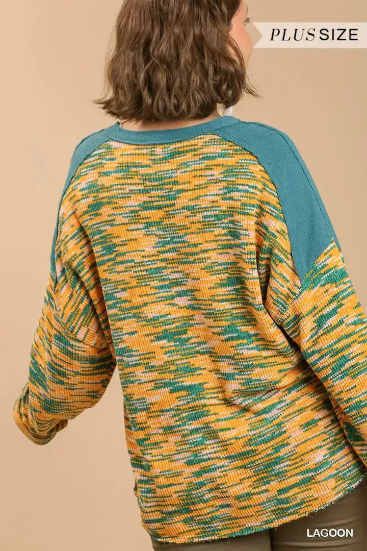 Plus Size French Terry and Multicolored Cut & Sew Fabric Pullover Sweater with Raw Hem