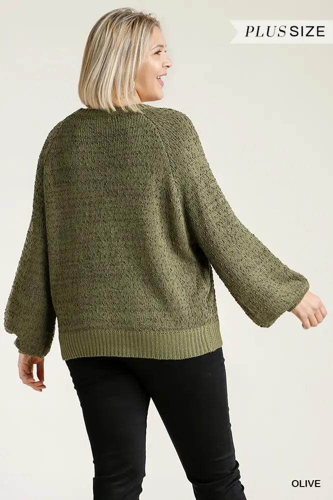 Plus Size Round Neck Long Sleeve Popcorn Sweater with Ribbed Hem
