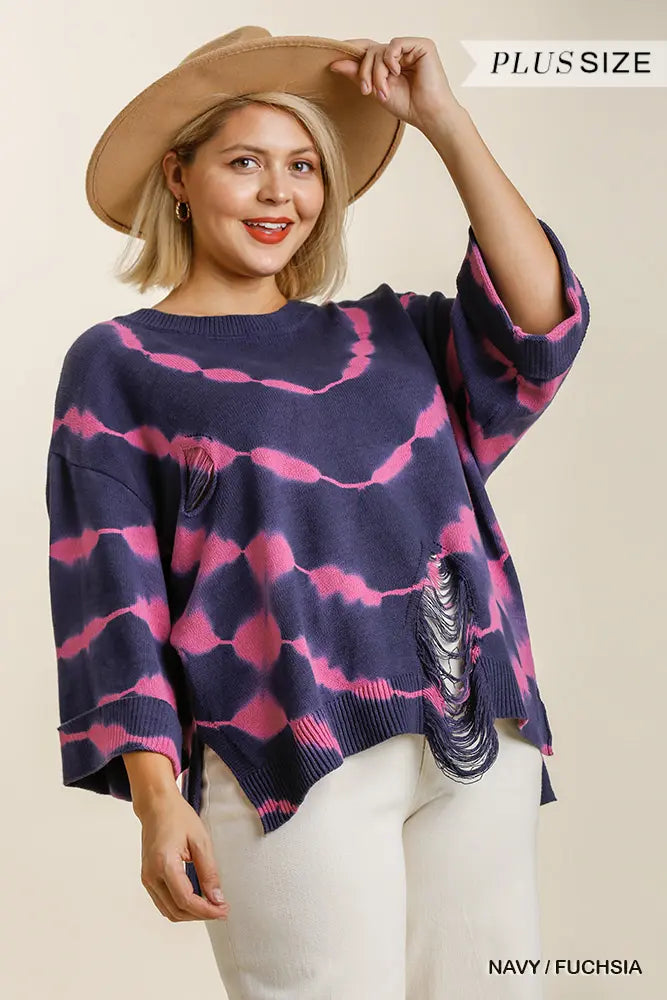 Plus Size Tie Dye Distressed Sweater