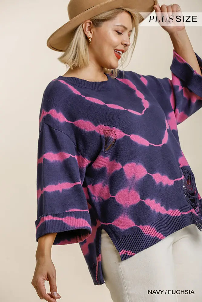 Plus Size Tie Dye Distressed Sweater