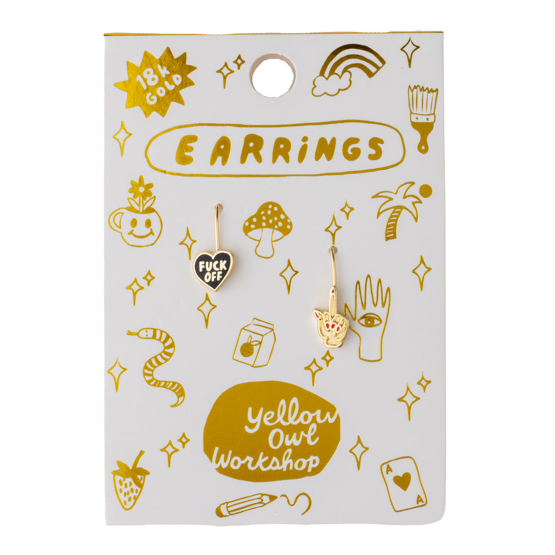 Yellow Owl Workshop - F*ck Off Heart &amp; Middle Finger Earrings - Gold Swear Word
