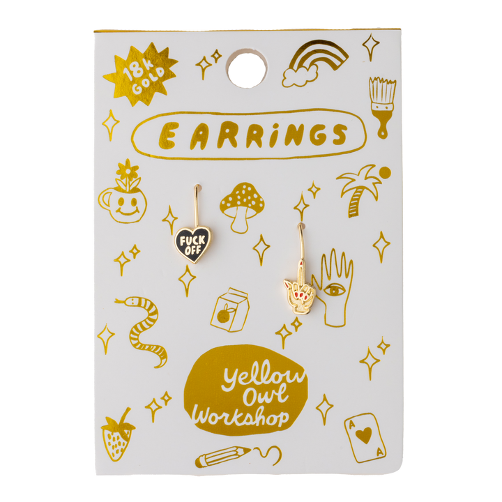 Yellow Owl Workshop - F*ck Off Heart &amp; Middle Finger Earrings - Gold Swear Word