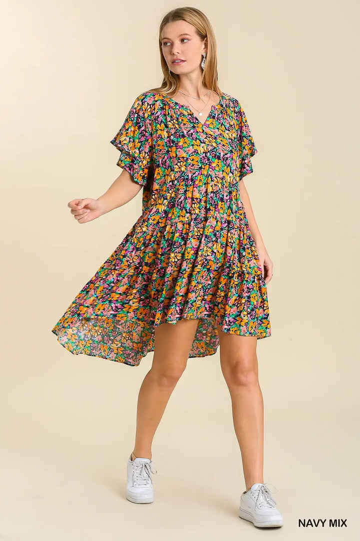 Womens Umgee floral high low notch neck dress