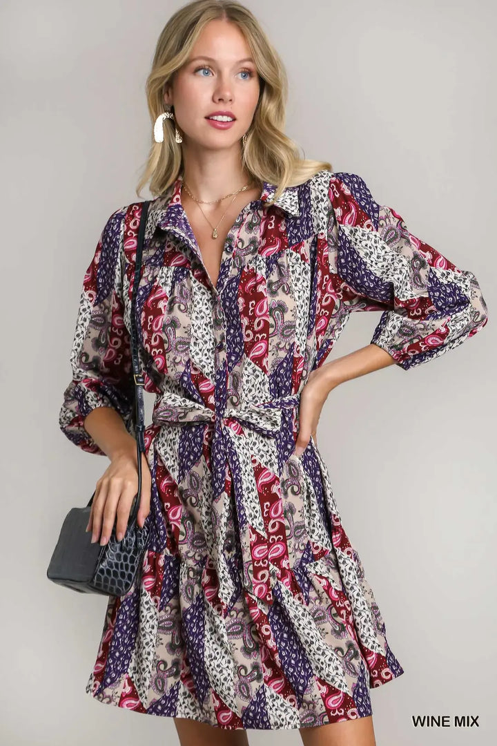 Womens Umgee Mixed Print Collar Button Down Dress
