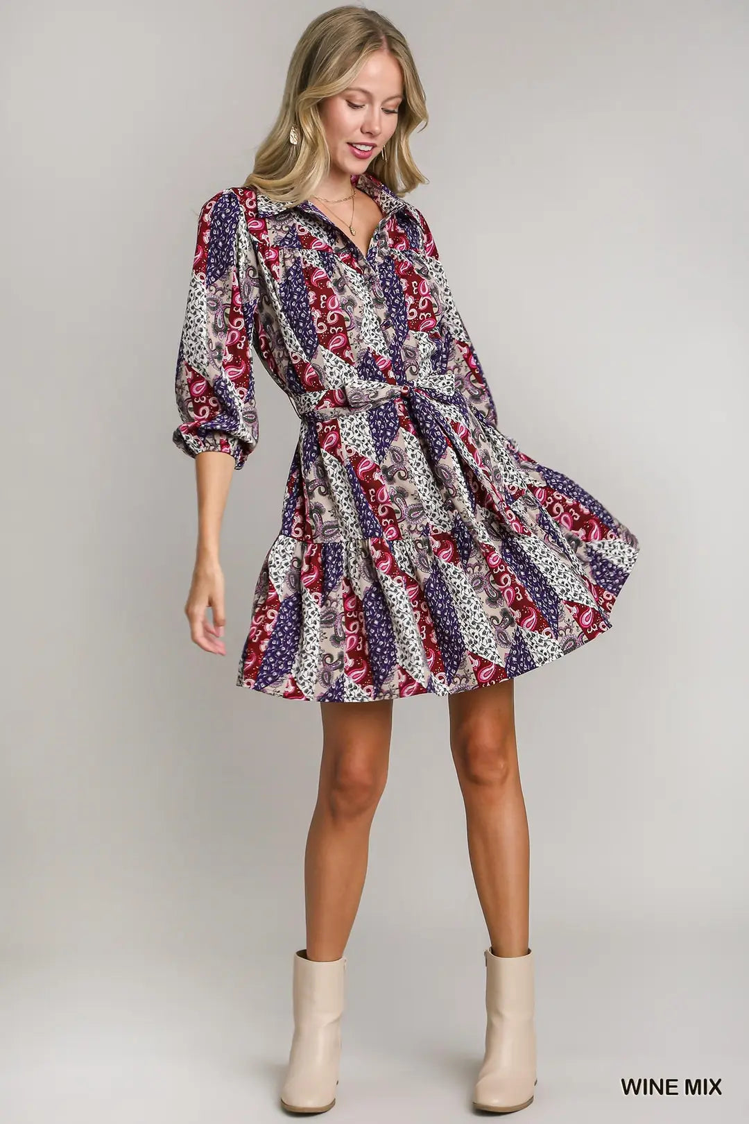 Womens Umgee Mixed Print Collar Button Down Dress