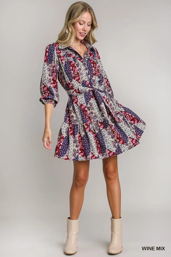 Womens Umgee Mixed Print Collar Button Down Dress