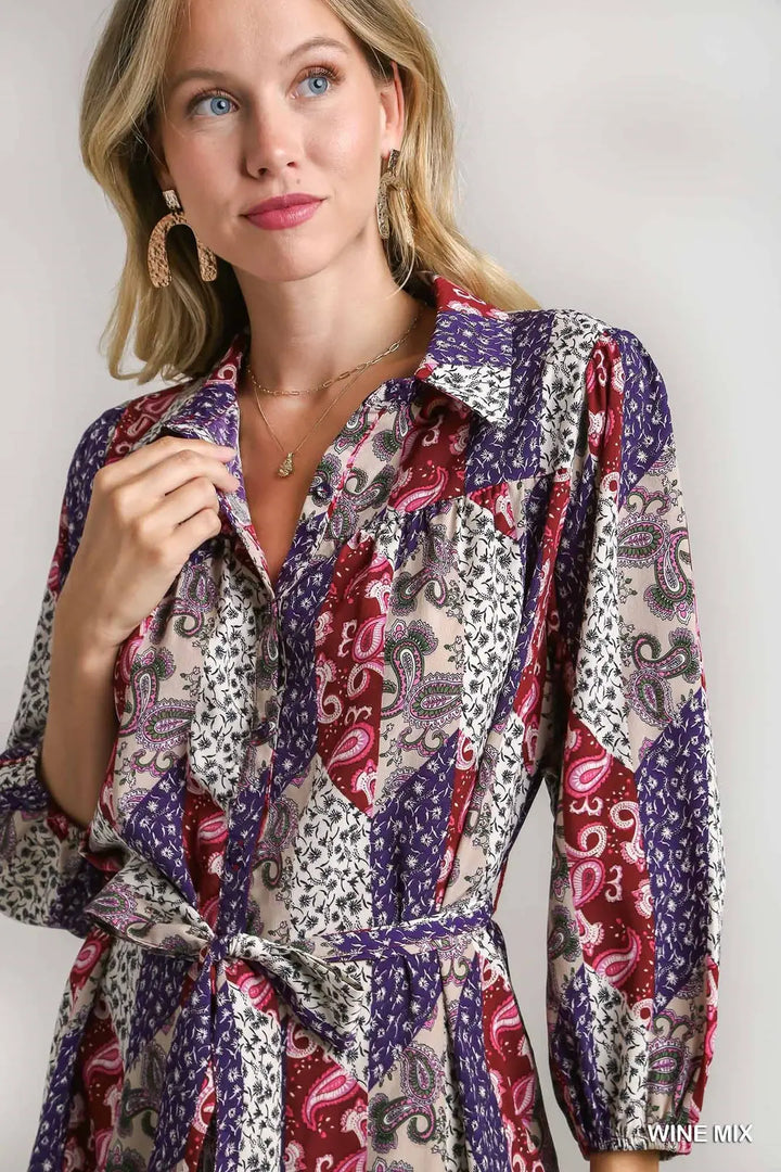 Womens Umgee Mixed Print Collar Button Down Dress