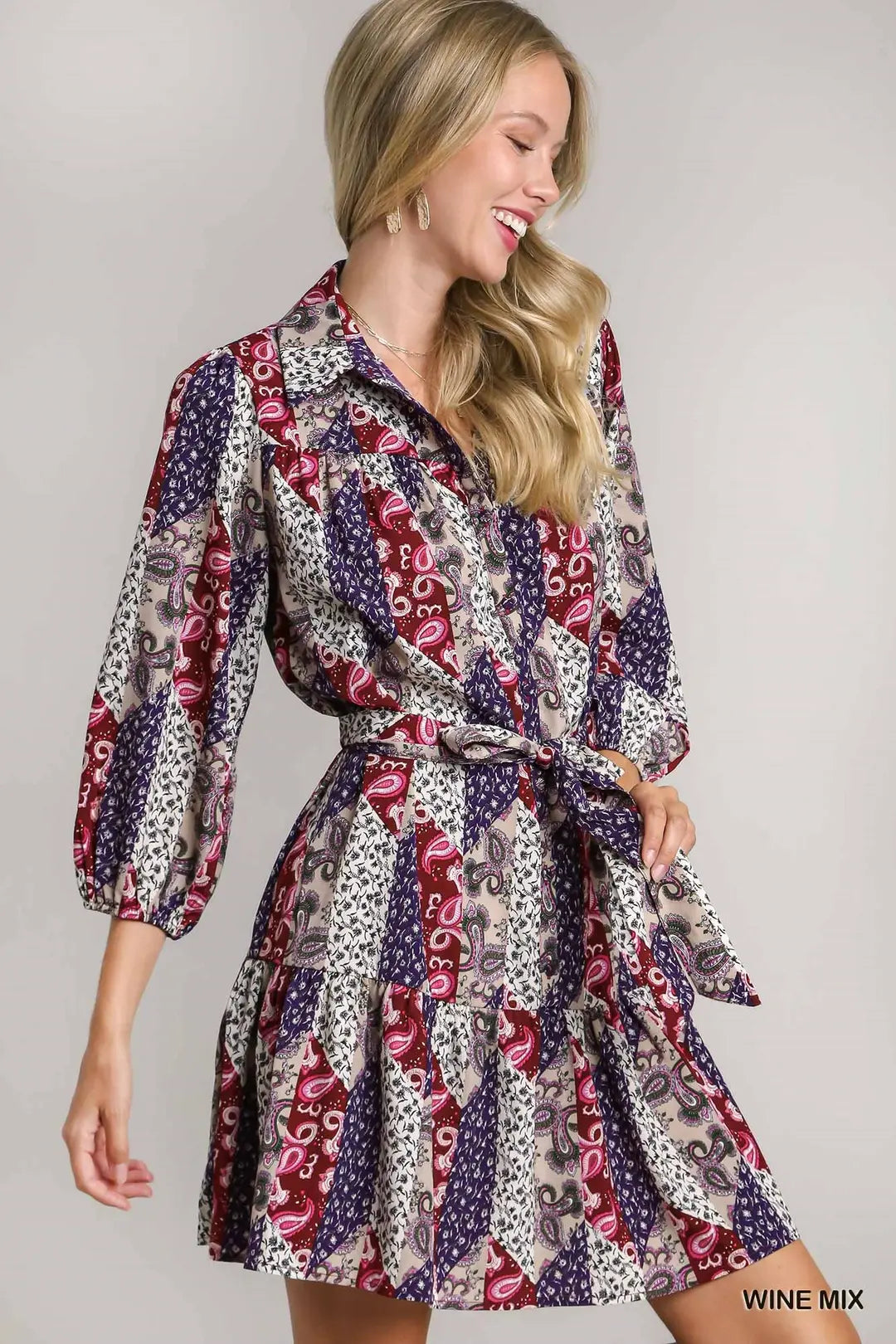 Womens Umgee Mixed Print Collar Button Down Dress