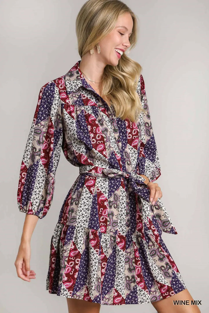 Womens Umgee Mixed Print Collar Button Down Dress