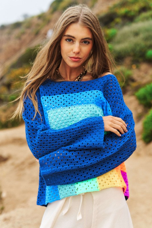 Womens Multicolored blocked open knit sweater