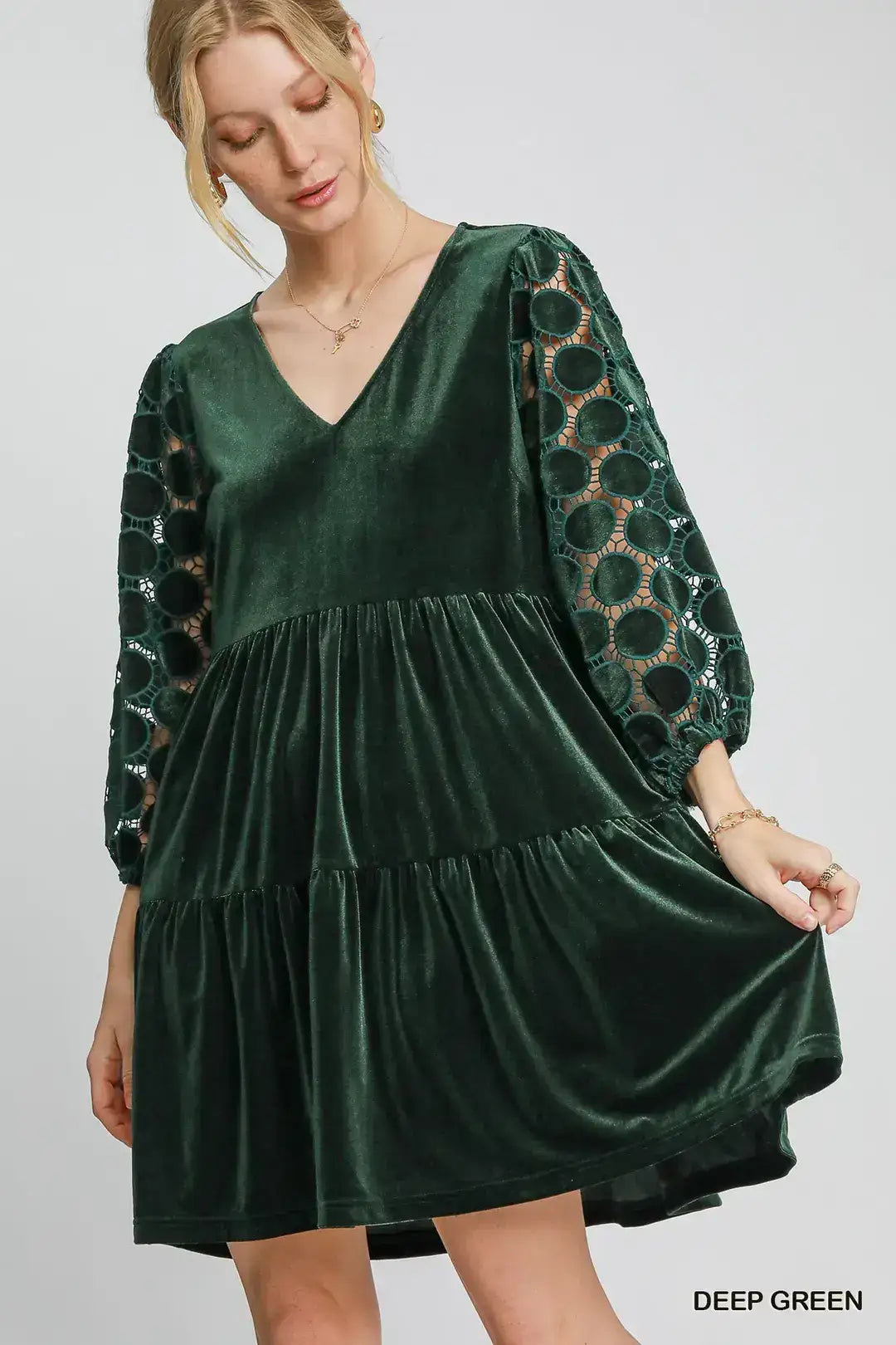 Womens Hunter Velvet Lace Sleeve Dress