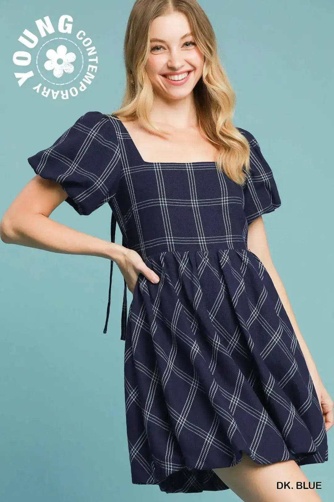 Womens Navy Puff Sleeve Plaid Mini Dress
