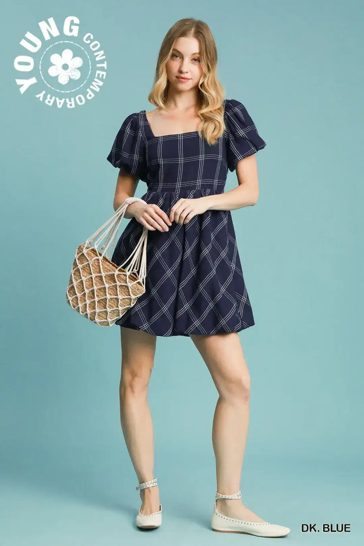 Womens Navy Puff Sleeve Plaid Mini Dress