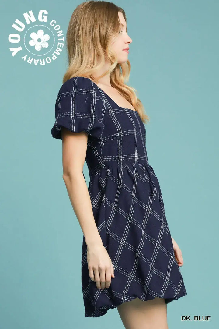 Womens Navy Puff Sleeve Plaid Mini Dress