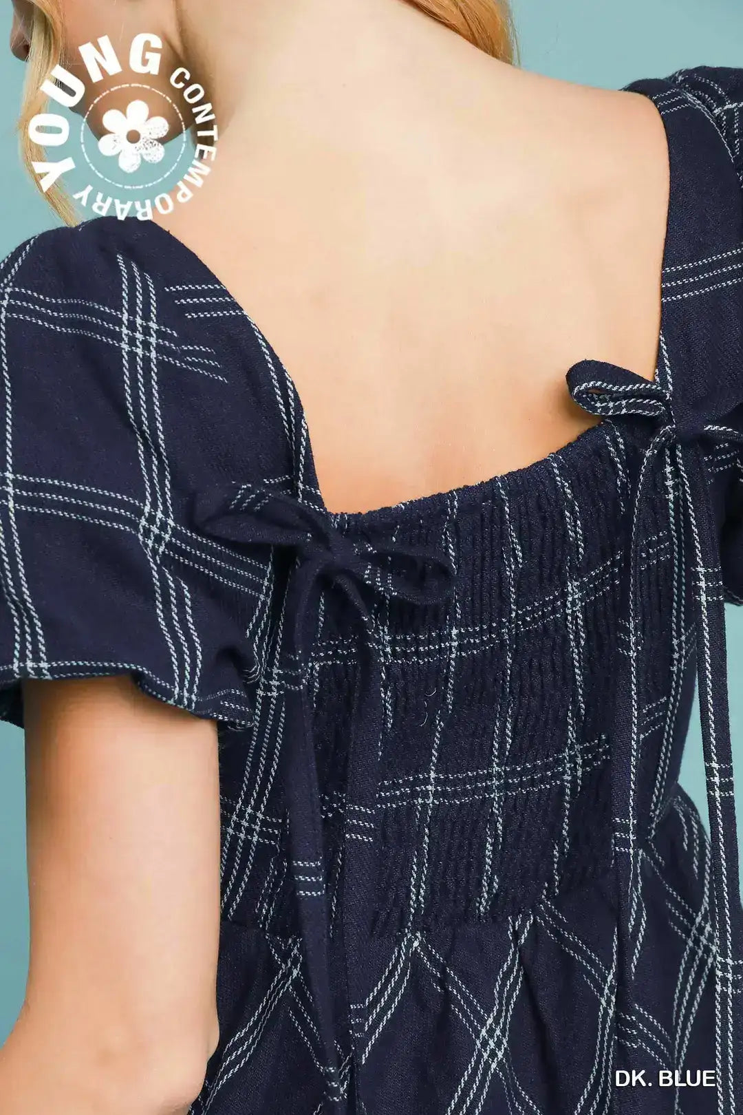Womens Navy Puff Sleeve Plaid Mini Dress