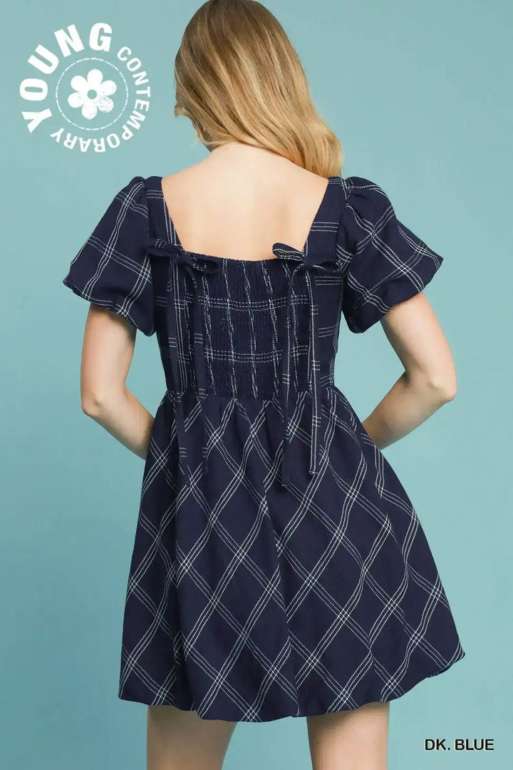 Womens Navy Puff Sleeve Plaid Mini Dress
