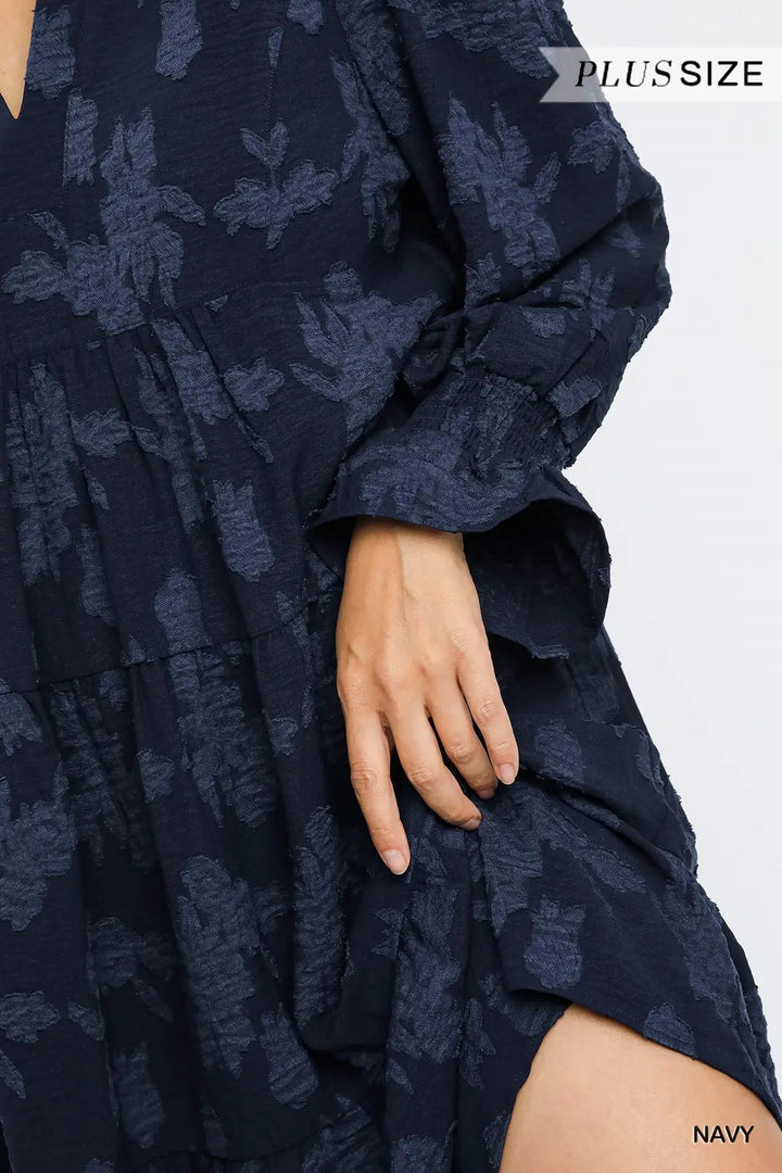 Plus Size Navy Jacquard Tiered Babydoll Dress