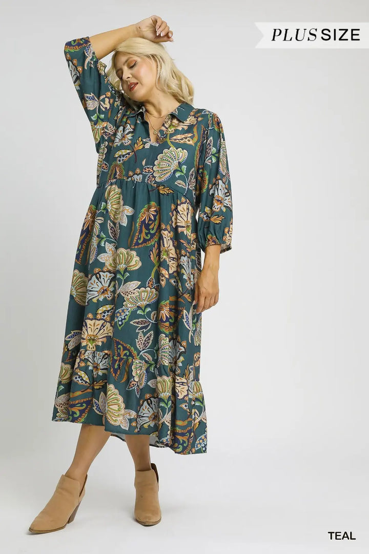 Plus Size Boho Paisley Tiered Midi Dress