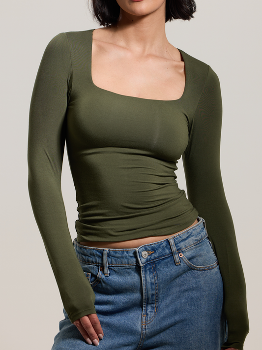 Klassy - Square Neck Braless Long Sleeve: Olive