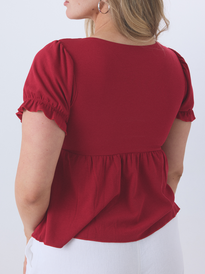 Klassy - Babydoll Puff Sleeve: Rouge Red / 2XL