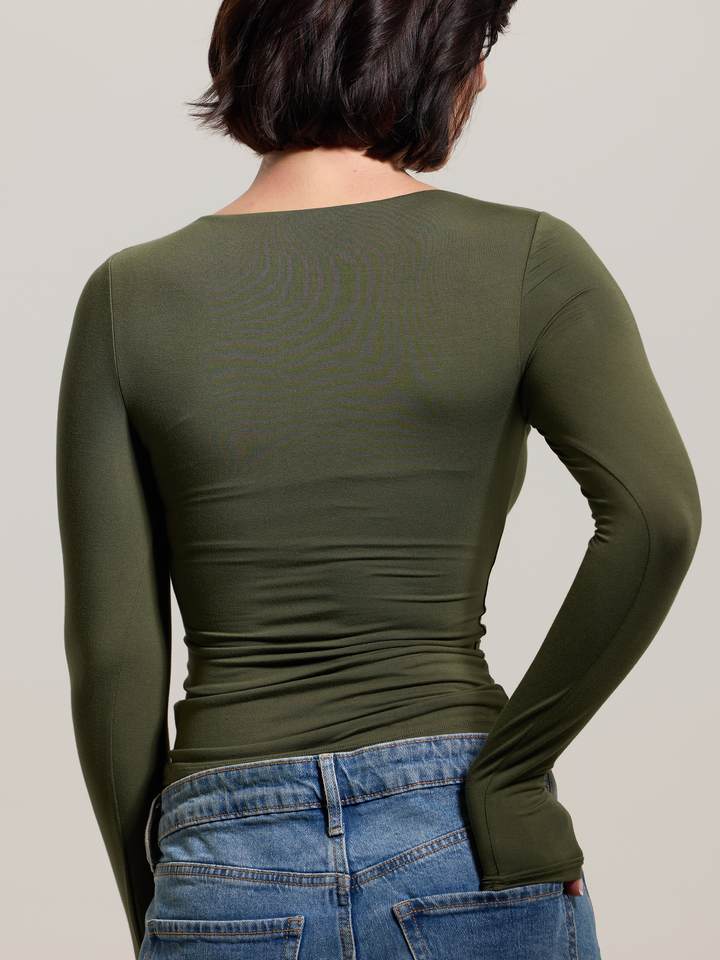 Klassy - Square Neck Braless Long Sleeve: Olive / 2XL