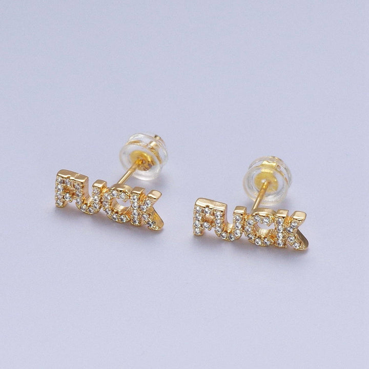 Dainty 18K Gold Filled "FUCK" Script Micro Paved CZ Stud Earrings