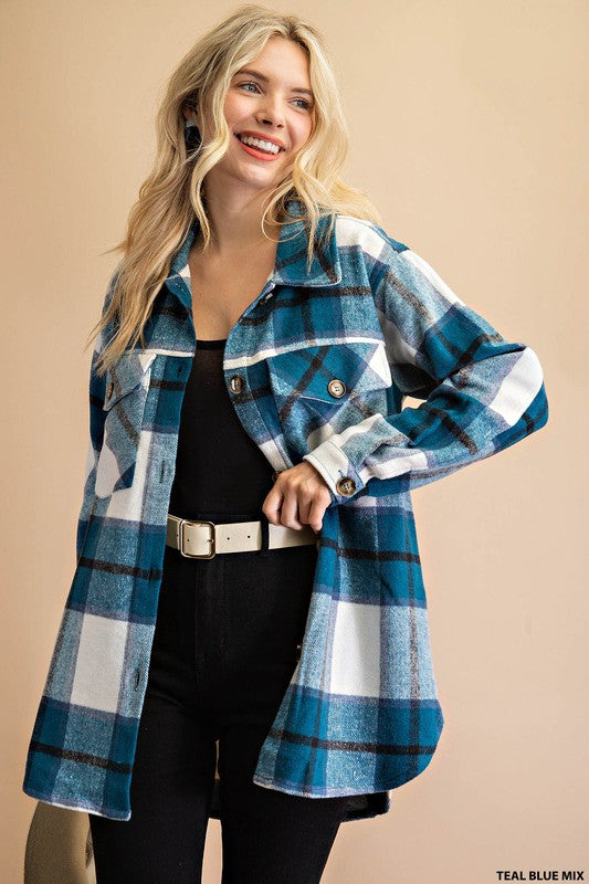 Plus Size plaid warm shacket in teal