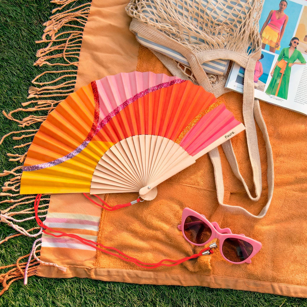 Fisura - Hand fan waves pink, orange, red and yellow glitter