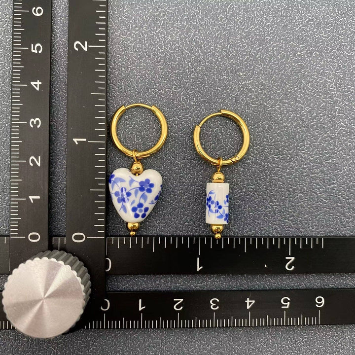 Mio Queena - Blue and White Porcelain 18K Golden SS Huugie Earrings - FGS: A