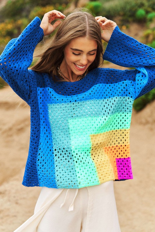 Womens Multicolored blocked open knit sweater