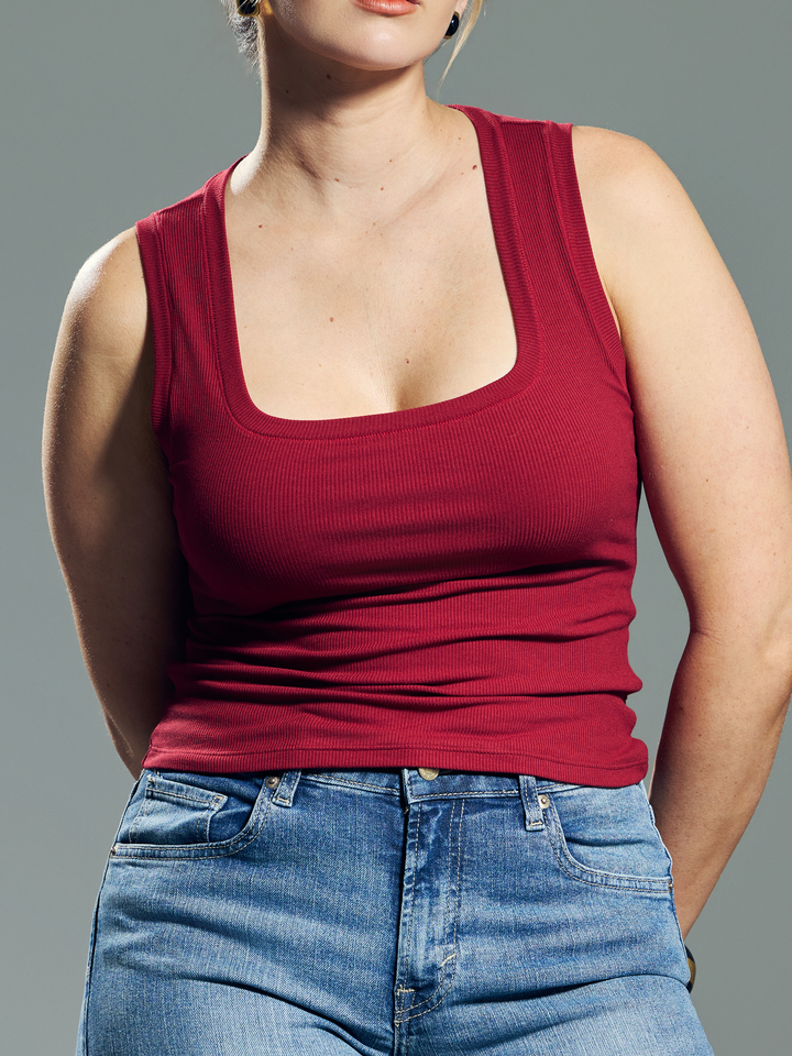 Klassy - Chunky Binding Ribbed Square Neck Tank: Dark Red