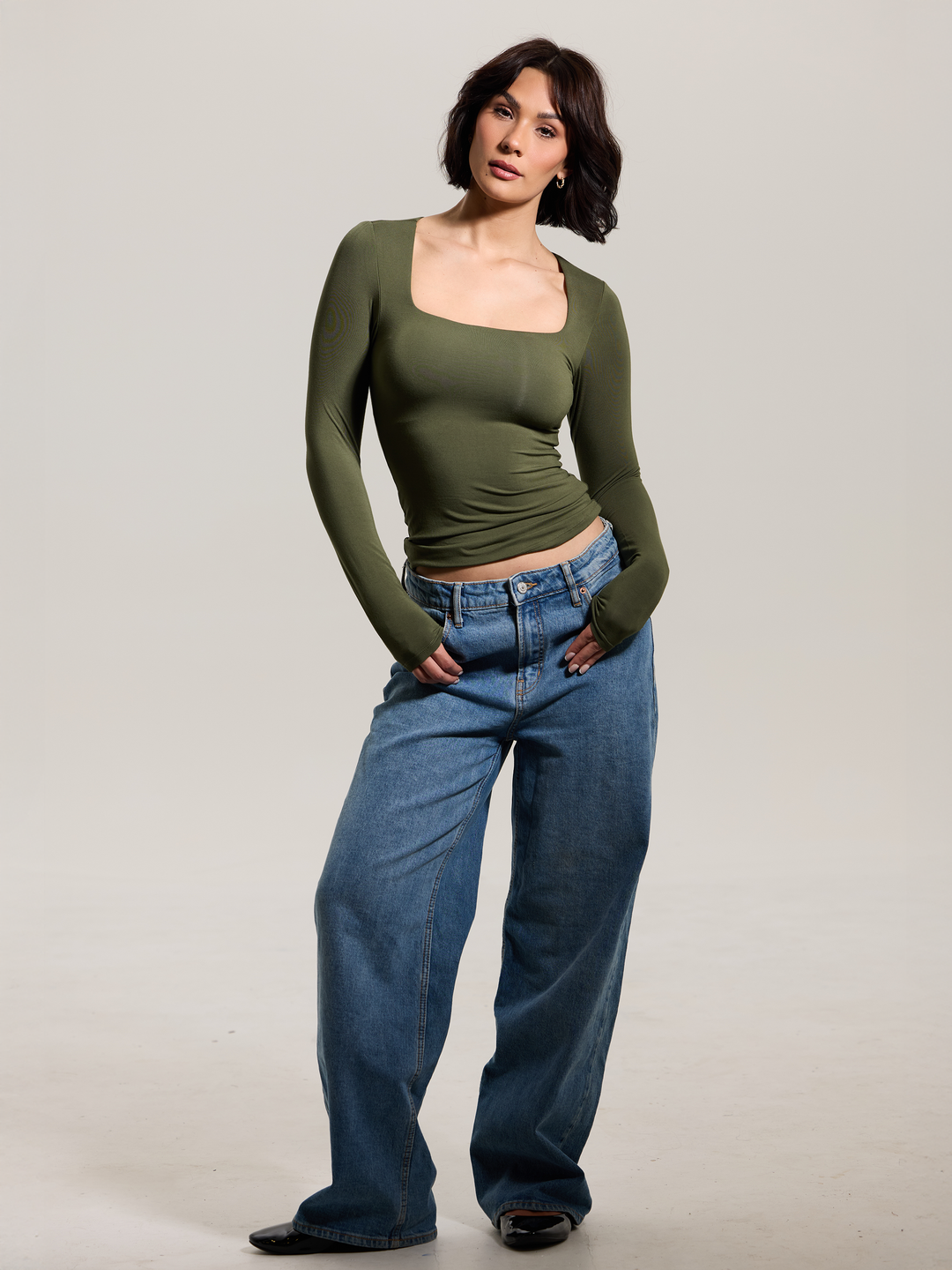 Klassy - Square Neck Braless Long Sleeve: Olive / 2XL