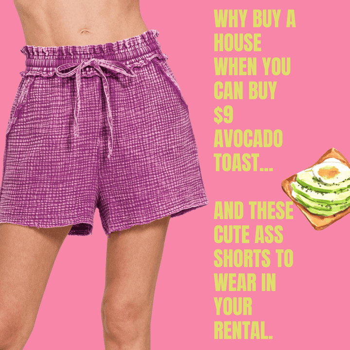 Millennial woman hands in pockets purple double gauze shorts