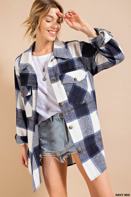 Womens Plaid shacket in navy blue