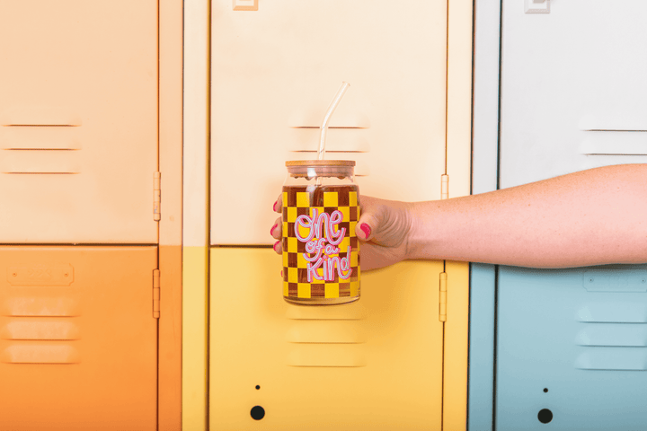 Can Glass w/Lid + Straw: Carnival Check
