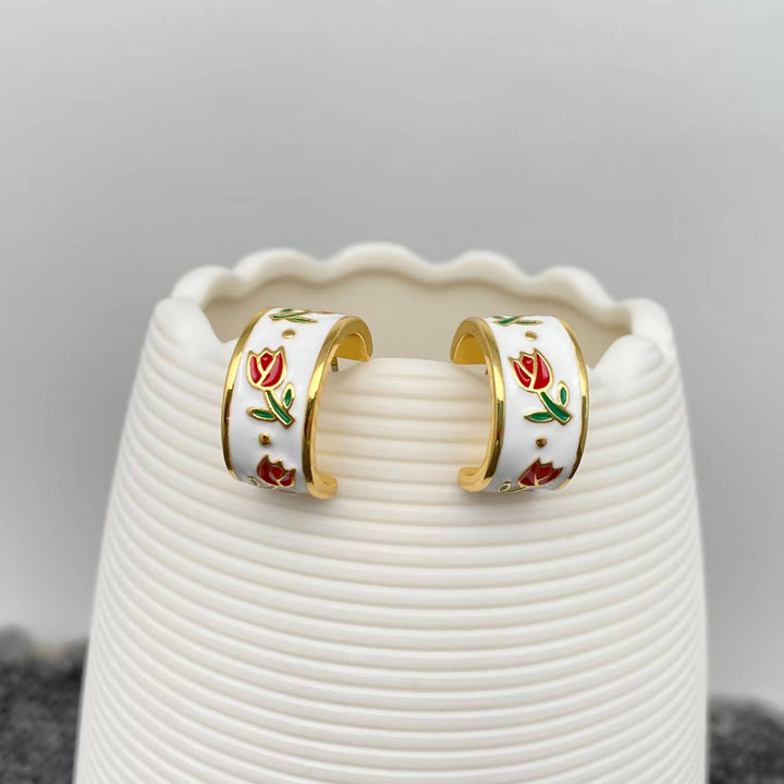 Mio Queena - Enamel Tulip 18K Gold Plated C Shape Stud Earrings