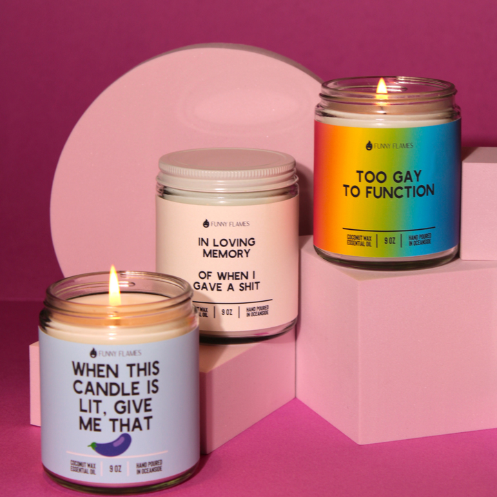 Funny Flames Candle Co - Les Creme - Too Gay To Function Candle - Funny LGBTQ Candle, Gay Pride