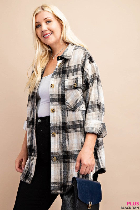 Plus Size Plaid shacket in Black and Tan
